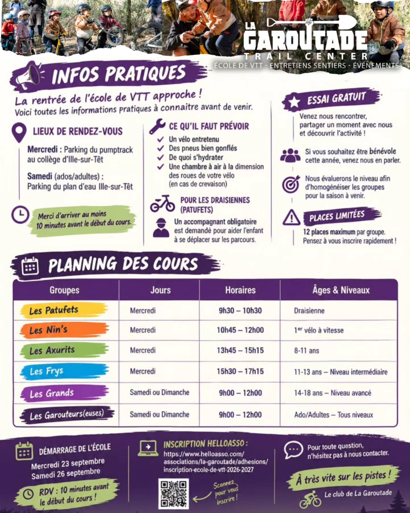 ???? C?EST LA RENTR�E � L?�COLE DE VTT ! ????La saison 2026-2027 d�marre bient�t ! Voici toutes les infos pratiques pour bien pr�parer votre premi�re s�ance ?? D�MARRAGE ? Mercredi 23 septembre? Samedi 26 septembre? LIEUX DE RDV ?? Mercredi...